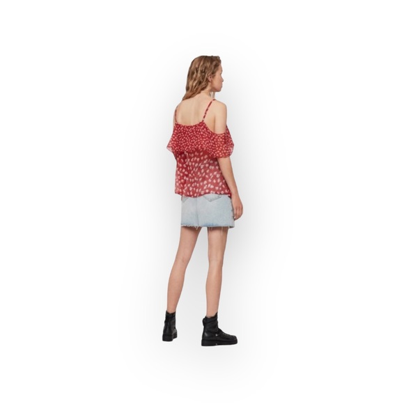 new Allsaints ✿ Off Shoulder Silk Semi Sheer Flowy Print Top ✿ Red Floral ✿ 6 ✿ - Picture 4 of 16